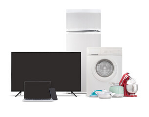 Electronics and appliance store shopping. Group of household appliances and electronic devices for...