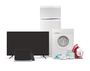 Electronics and appliance store shopping. Group of household appliances and electronic devices for the home and kitchen. Top deals and sales in supermarkets, malls and Online shopping offers banner