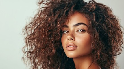 Naklejka premium A stunning woman with elongated, lustrous, and wavy hair showcases skillful coloring and toning techniques. Her eye-catching shatush and balayage highlights enhance her natural curls