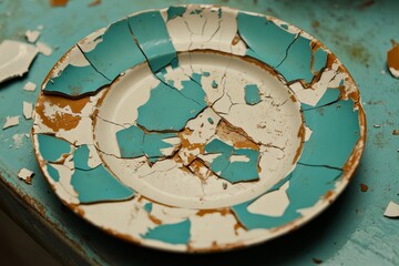 Shattered antique plate with turquoise and white patterns on a rustic table, showcasing detailed cracks and texture in soft lighting
