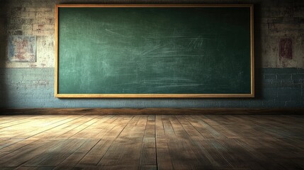 An empty classroom features a blank green chalkboard poised for the infusion of knowledge and creativity