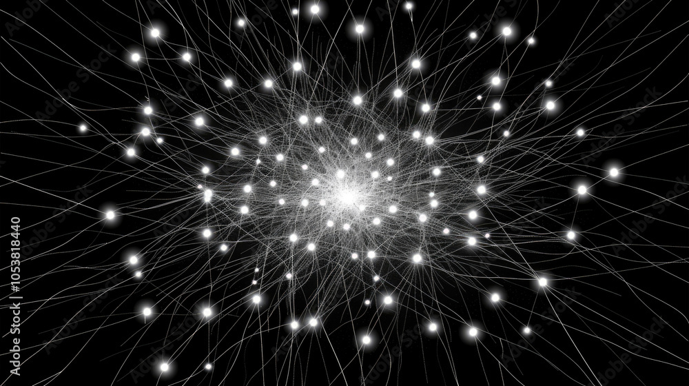 Poster a complex network of glowing nodes and threads woven into a radiant star-like structure against a de