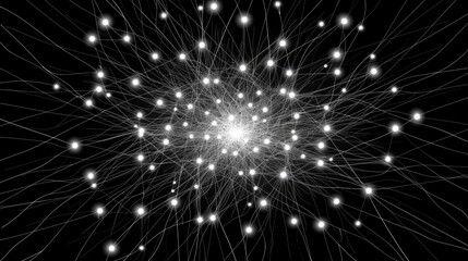 Fototapeta premium A complex network of glowing nodes and threads woven into a radiant star-like structure against a deep, dark background.