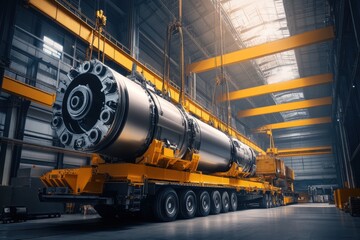 Naklejka premium Heavy Machinery Hoisting with Mobile Crane in Warehouse