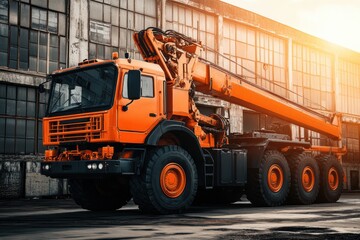 Obraz premium Mobile Crane Parked Near Industrial Warehouse
