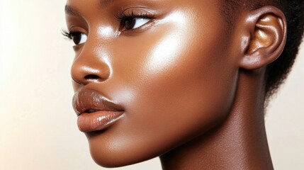 Radiant close-up of a woman with glowing skin and natural makeup, AI