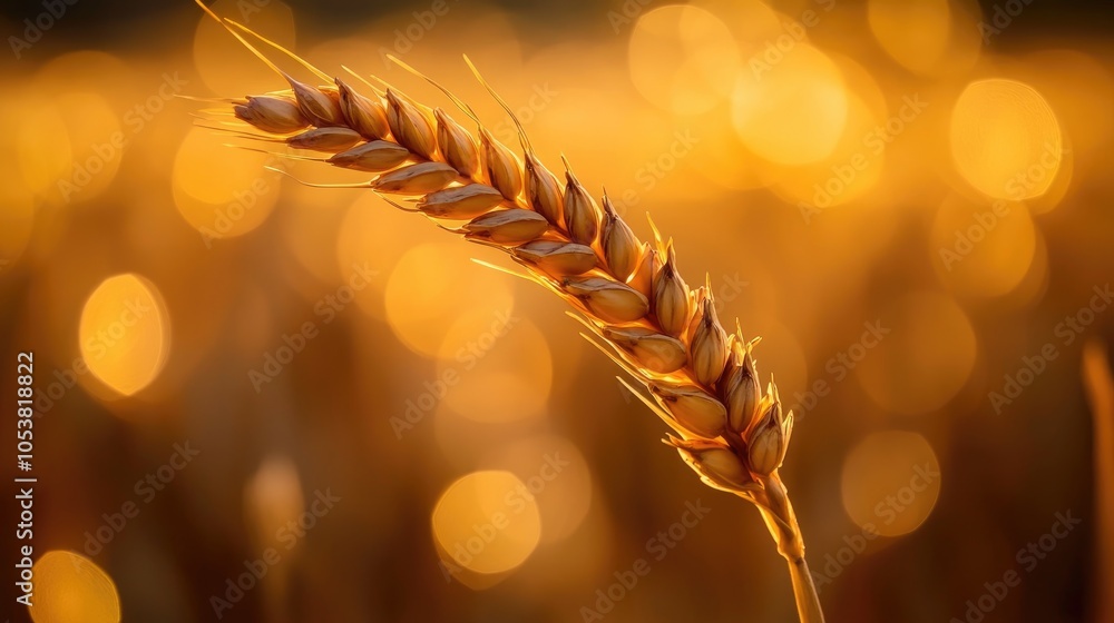 Aufkleber Close up of a single wheat spikelet in a golden field illuminated by sunset rays featuring bokeh effects and a softly blurred background
