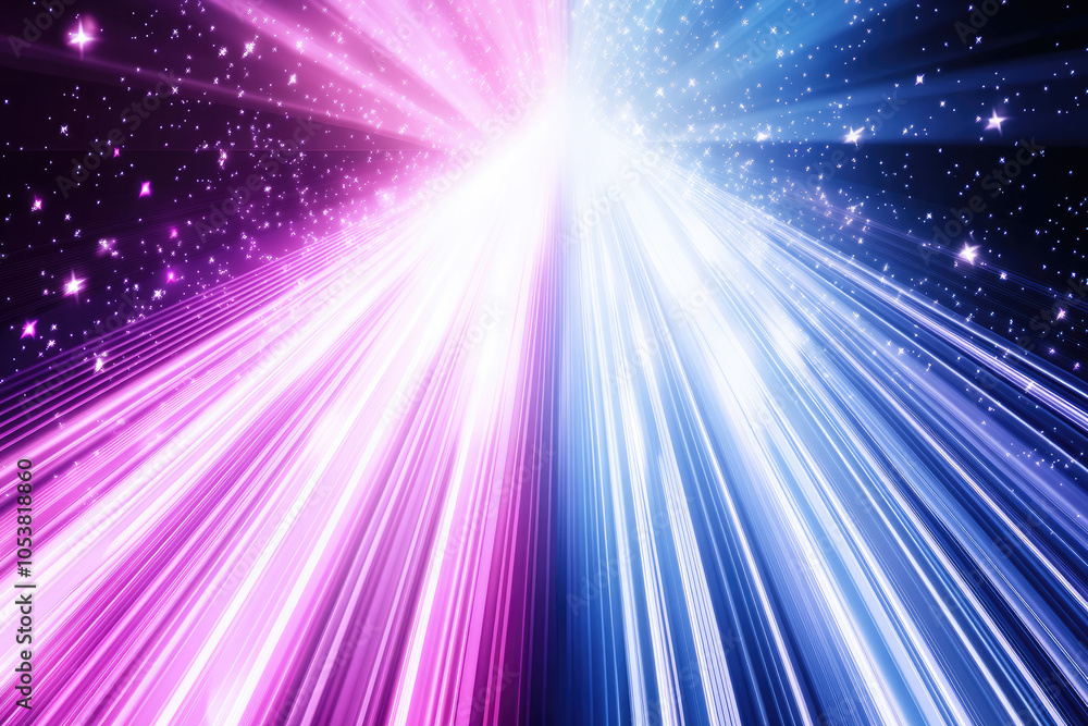 Poster an explosive display of pink and blue light beams converging at a radiant center, creating a dynamic