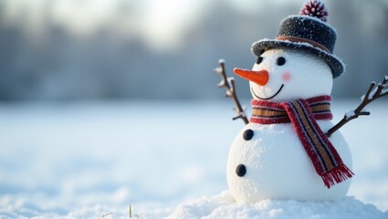 Fototapeta premium A smiling snowman with a hat and scarf, amidst a snowy landscape under a clear sky. Generative, AI,