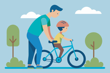 An illustration of a father teaching his son to ride a bicycle in a park. The image reflects a bonding moment between the two, set against a serene backdrop of trees and sky.