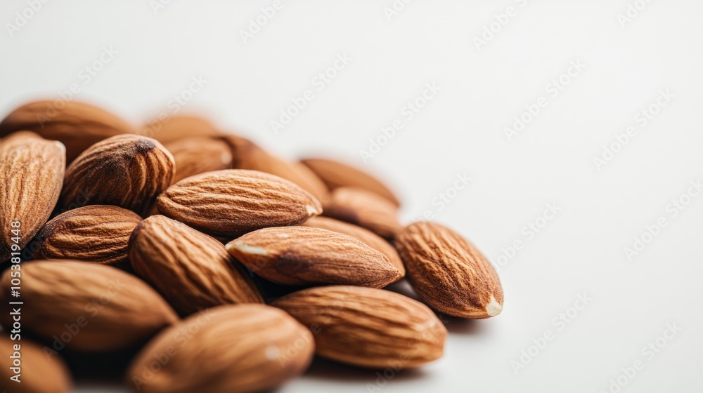 Poster close up view of almonds set against a white background