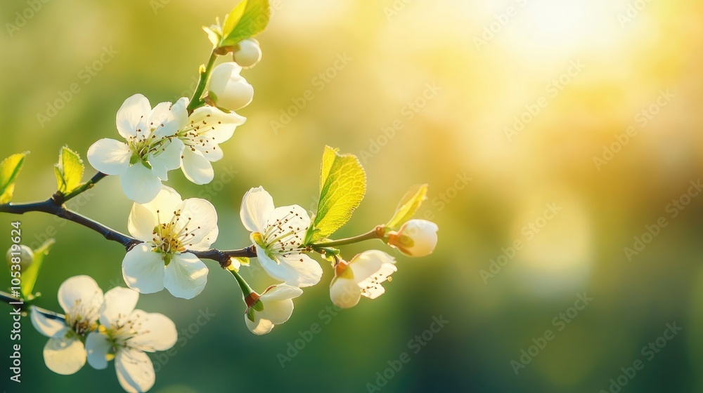 Aufkleber delicate blooming plum branch in spring against a vibrant green backdrop illuminated by sunlight sho