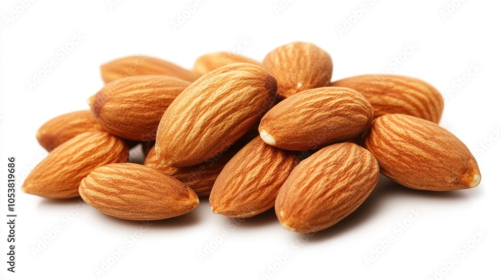 Poster close up view of almonds set against a white background