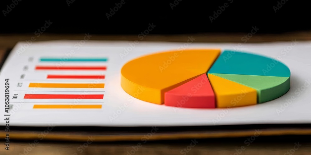 Poster colorful pie chart and bar graph on a paper, showcasing data visualization.