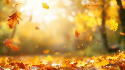 Vibrant autumn scenery featuring golden leaves and sunlight Colorful foliage creates a serene natural backdrop with falling leaves