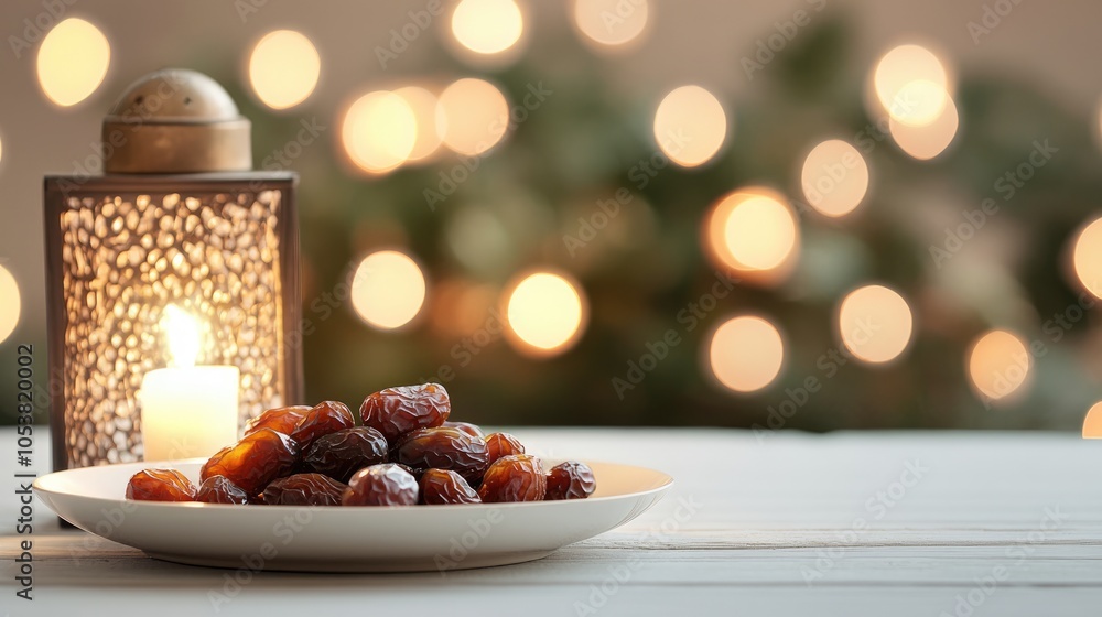 Poster Dried dates on a white plate accompanied by a lantern with a lit candle on a white wooden table featuring a bokeh light backdrop