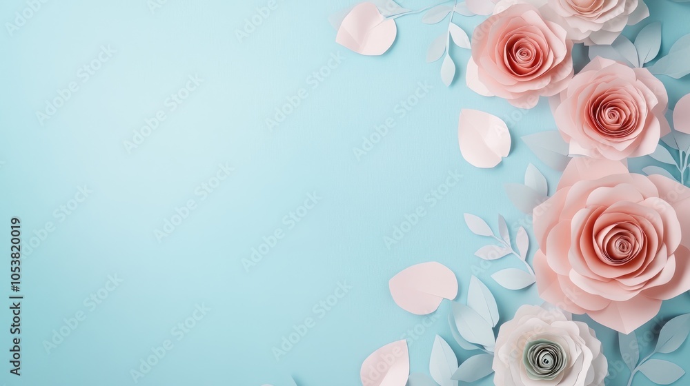 Poster Elegant pastel paper rose flat lay with flowers positioned at the bottom leaving ample empty space for text above