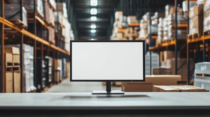 Blank white screen monitor positioned on a counter desk within a cargo warehouse representing technology online services advertising logistics and business operations