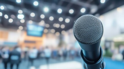 Microphone positioned in front of an abstract blurred image of a conference hall or seminar room featuring speakers on stage and attendees highlighting business meetings and educational themes