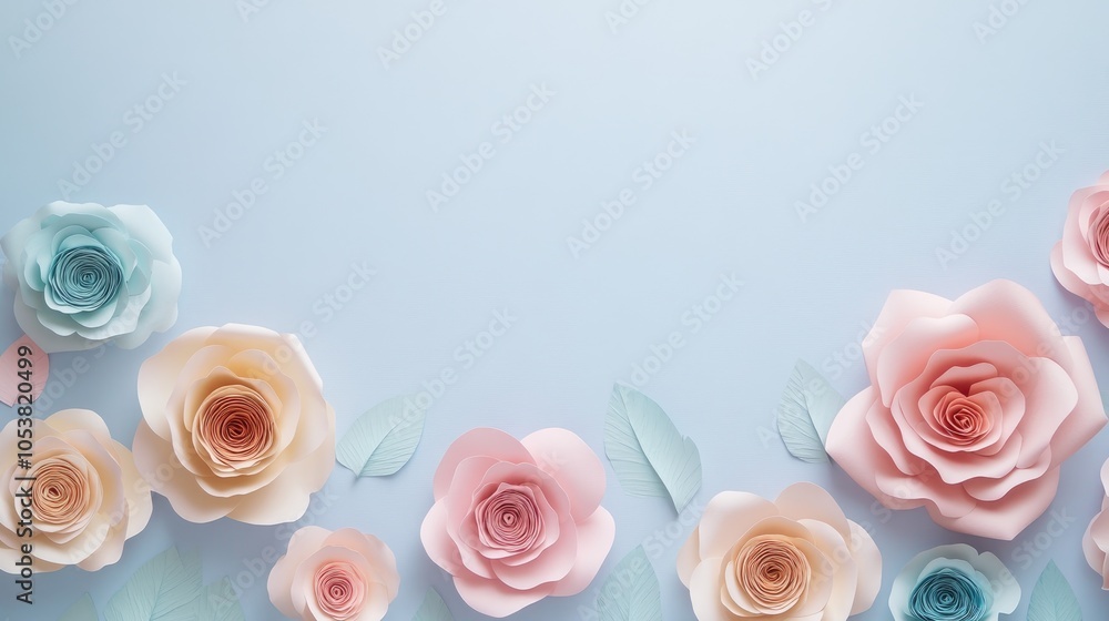 Poster Elegant pastel paper rose flat lay with flowers positioned at the bottom leaving ample empty space for text above