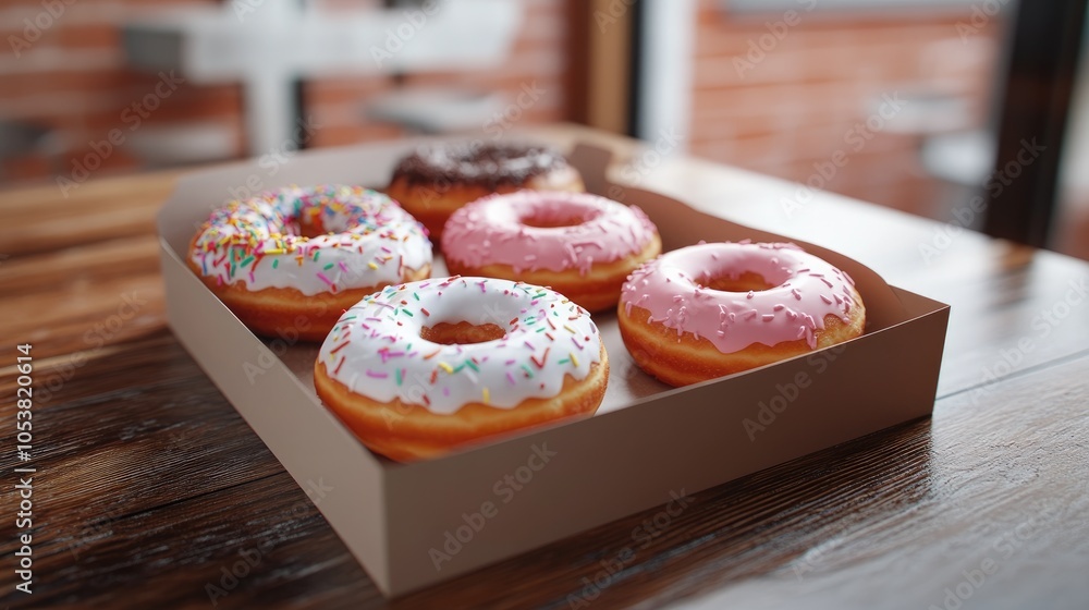 Poster a box of frosted donuts placed on a cafe table for wallpaper use