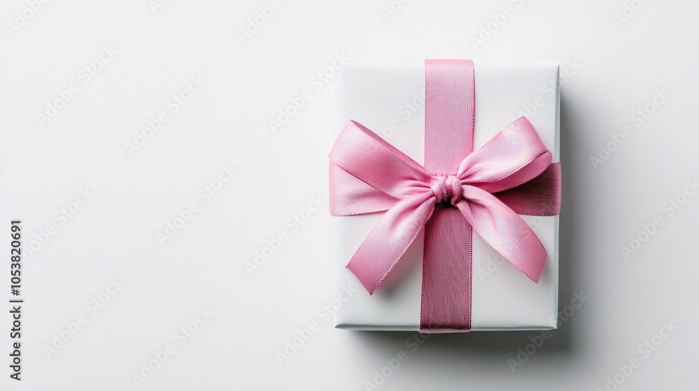 Poster flatlay view of a single gift box adorned with a pink ribbon set against a white background highligh