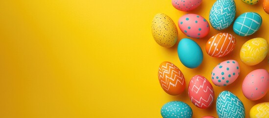 Easter Background Happy Easter Concept Natural Colorful Easter Eggs On Yellow Background Top View Flat Lay Copy Space