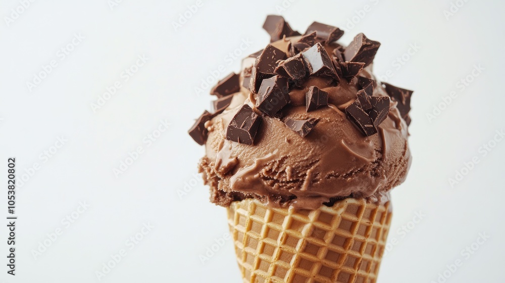 Poster chocolate ice cream cone topped with chocolate chunks against a white backdrop representing a deligh