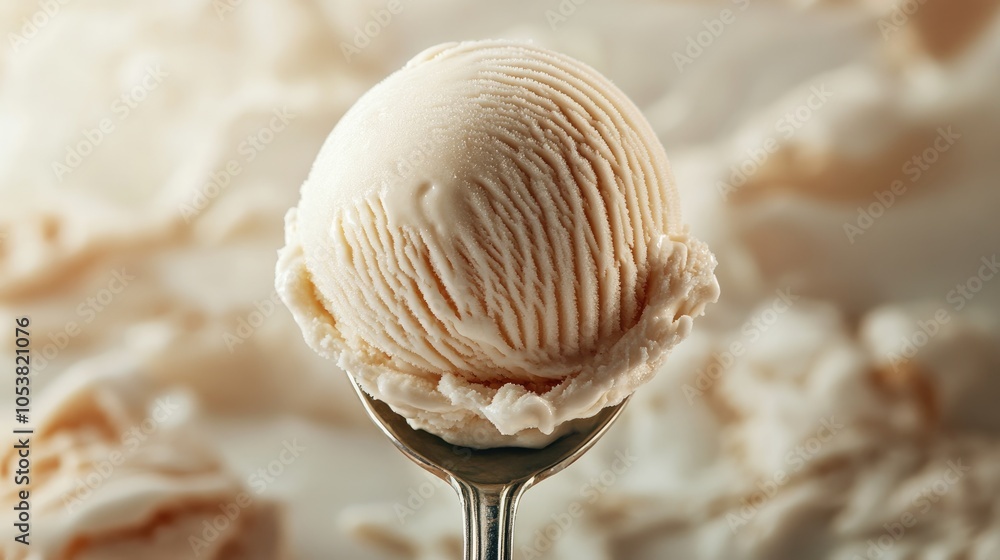 Poster close up of a scoop of vanilla ice cream on a spoon captured in a wide panoramic format