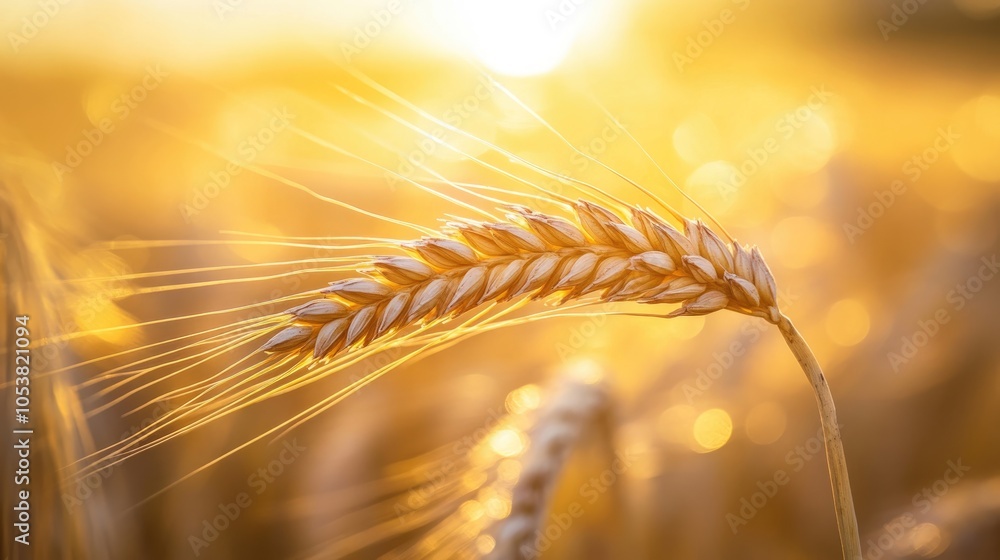 Poster Close up of a single wheat spikelet in a golden field illuminated by sunset rays featuring bokeh effects and a softly blurred background
