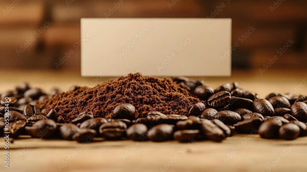 Poster Coffee beans and a pile of ground coffee on a table with an empty banner for text placement