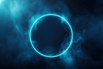 A vibrant neon blue circle surrounded by swirling smoke on a dark background, evoking a sense of mystery, and futuristic technology. Ideal for themes of abstract design, energy, and digital innovation