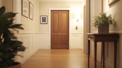 Obraz premium Stylish entrance area featuring a wooden closet, front doorway, and white walls, leaving room for advertisements or messages.