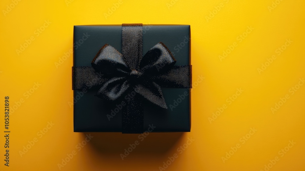 Poster black gift box adorned with a textured bow set against a vibrant yellow background suitable for vari