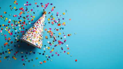 Birthday celebration hat and confetti on a blue backdrop Overhead perspective Ample copy space available Crafted with innovation