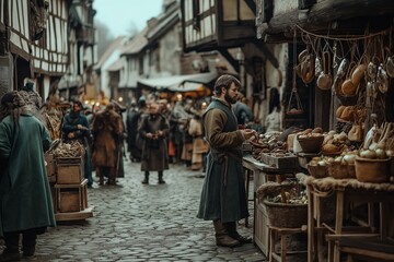 People engage in lively trade on cobbled streets, surrounded by a bustling medieval marketplace atmosphere.