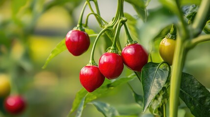 Obraz premium Ripe red fruits on a habanero chili pepper plant