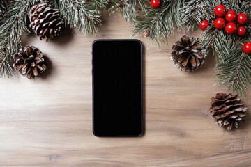 A black cell phone sits on a wooden table with pine cones and berries surrounding it. Concept of warmth and coziness, as the natural elements of the pine cones and berries create a festive atmosphere