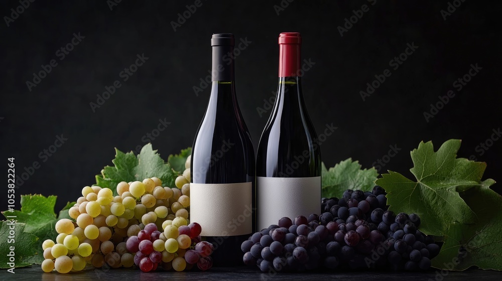 Poster red and white wine bottles alongside a cluster of grapes