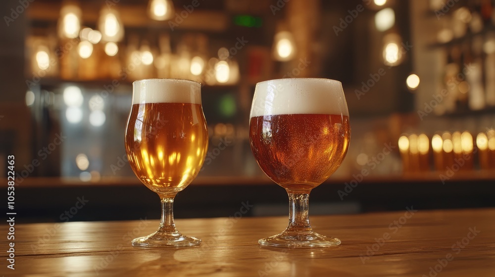 Poster close up of two nonic pint glasses and tulip glasses filled with light draft beer on a wooden table 