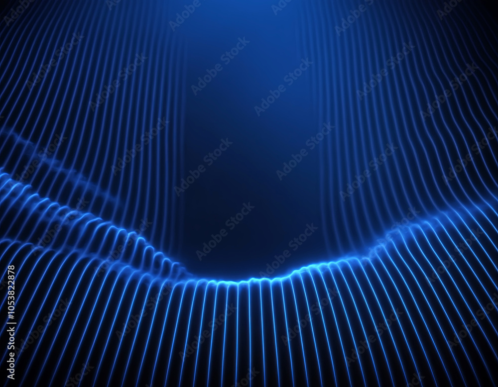 Poster an elegant abstract design featuring glowing blue neon lines in a wave pattern against a dark backgr