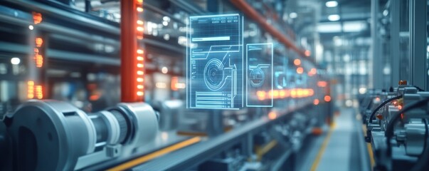 Fototapeta premium Futuristic digital interface in a smart factory. Industrial technology with holographic screen
