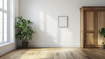 Obraz premium Welcoming room with a wooden dressing closet and front entrance, white walls offering ample space for branding and copy.