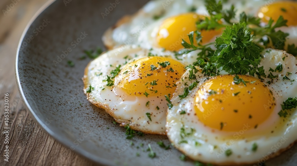 Poster breakfast eggs garnished with fresh herbs captured in a macro shot on a rustic wooden table