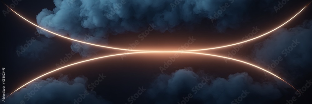 Poster an abstract design featuring glowing neon orange lines intersecting among soft smoke on a dark backg