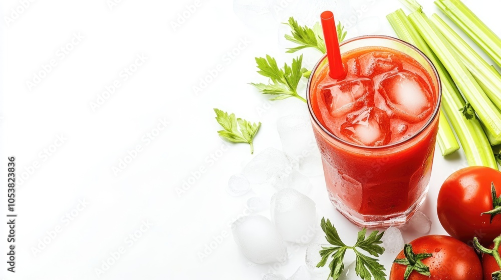 Poster Chilled tomato juice with celery and ice featuring a blank area for text
