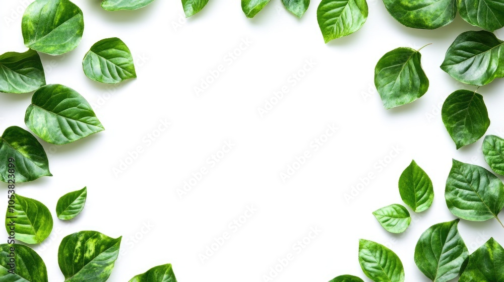 Poster fresh green leaves isolated on a white background with a side border design
