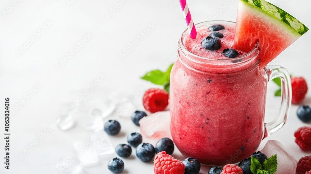 Aufkleber watermelon smoothie in a mason jar adorned with a slice of watermelon raspberries blueberries and ic