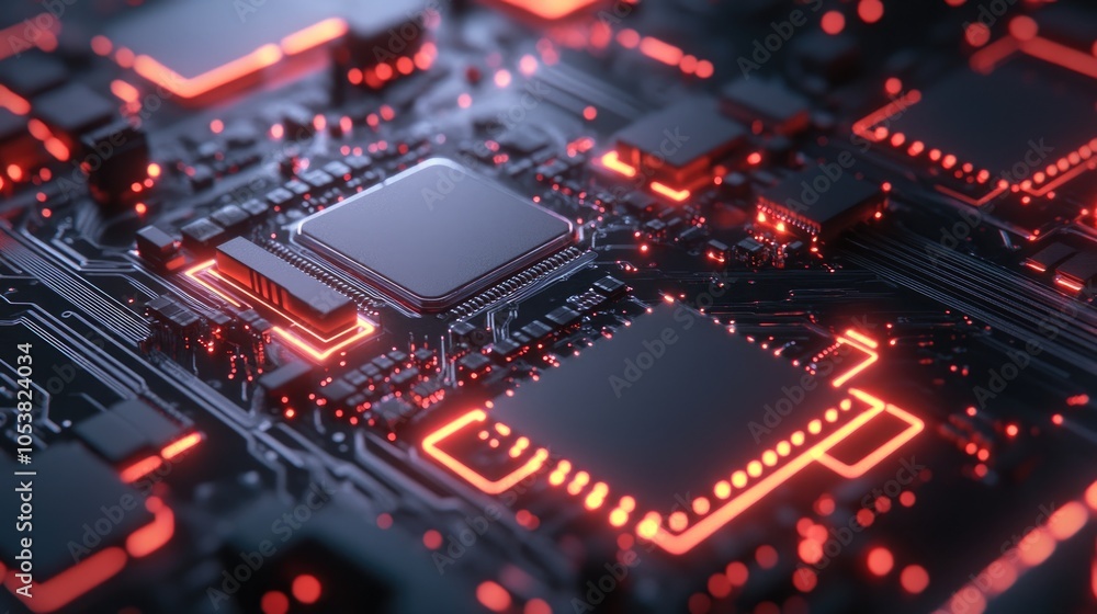 Poster futuristic computer chip featuring illuminated circuit pathways