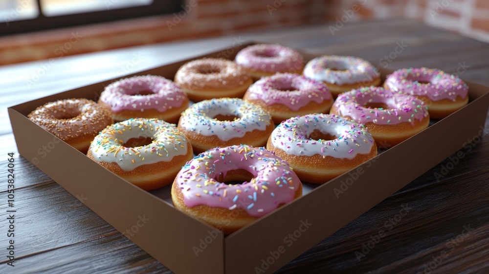 Poster a box of frosted donuts placed on a cafe table for wallpaper use